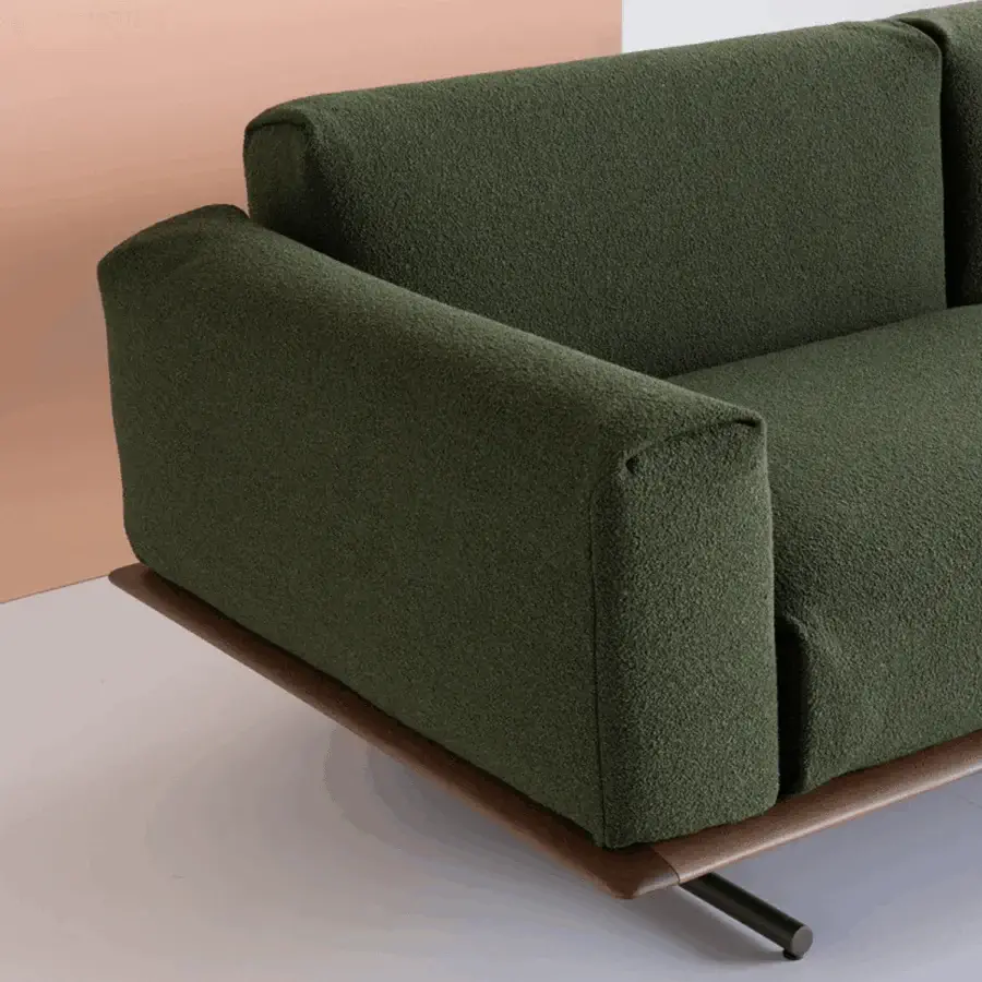 Exceptional Potocco Graphic sofa with solid ash wood structure upholstered in textured deep olive green textile and built-in side table