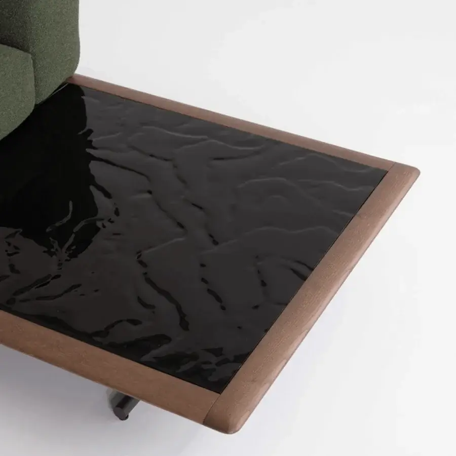 Superior Potocco Graphic sofa with solid ash wood structure and dark green textile upholstery, including a lacquered side table with wooden border