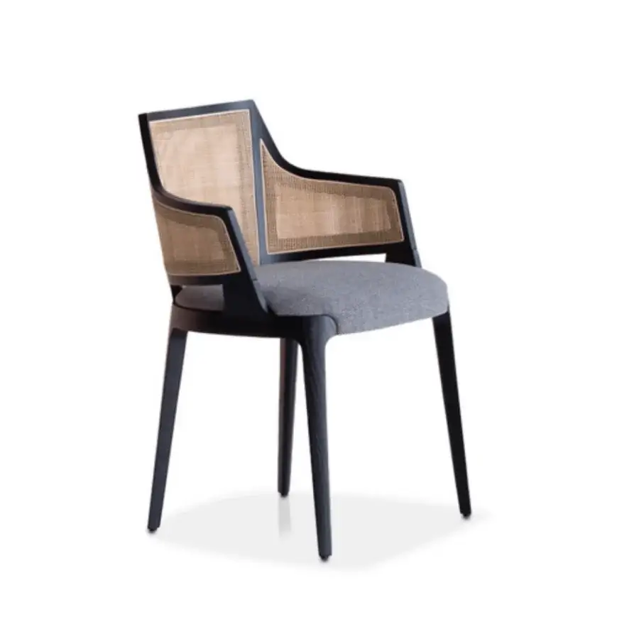 Potocco Velis Cane chair, gray fabric seat, woven cane backrest, dark metal frame, tapered legs, modern geometric design, matte finish.