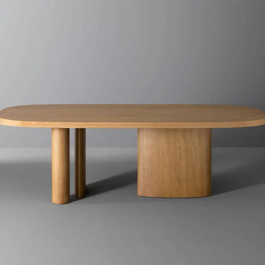 Innovative Bonaldo Padiglioni table with light brown veneered wood top and cylindrical legs displaying a modern minimalist form