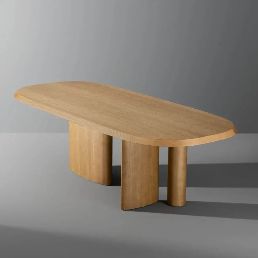 Distinguished Bonaldo Padiglioni table with racetrack veneered wood top and uniquely shaped legs in a light-toned matte finish