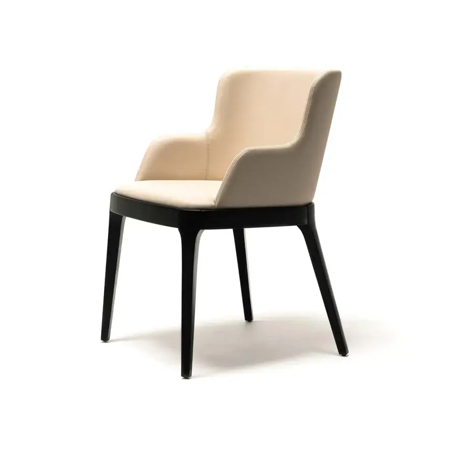 Superior Cattelan Italia Magda armchair with enveloping backrest and smooth light beige material upholstery with dark wood base