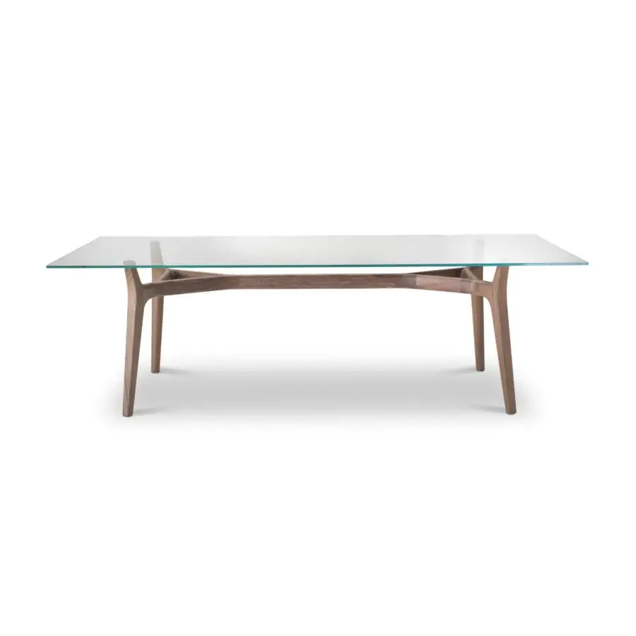 Captivating 4 Mariani York table with a light brown solid wood base and rectangular glass top crafted with surrealist appeal