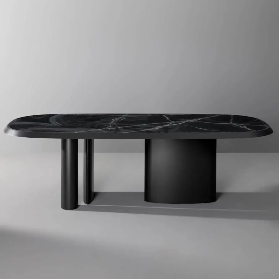 Innovative Bonaldo Padiglioni table with black marble top and veneered wood edge in matte black finish
