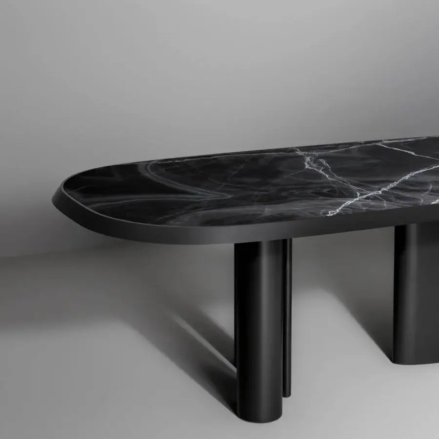 Superior Bonaldo Padiglioni table with striking marble top and sleek black lacquered wood edge built with matte black metal legs
