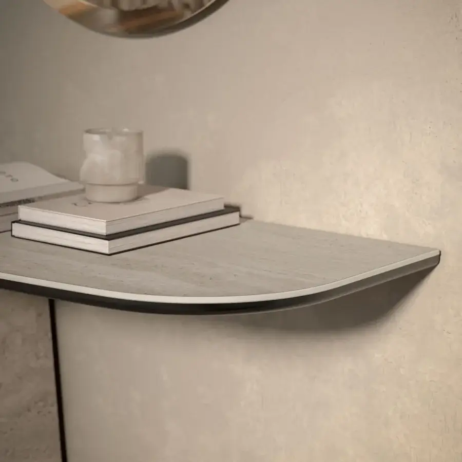 Elegant Cattelan Italia Rado Keramik console with gracefully curved shapes and light gray ceramic top exhibiting a textured finish