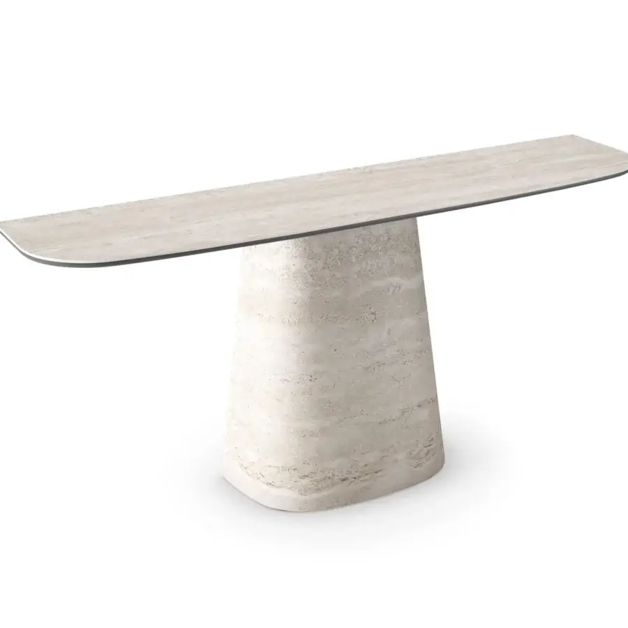 Superior Cattelan Italia Rado Keramik console in light beige ceramic with a matte travertine finish and graceful curved shapes