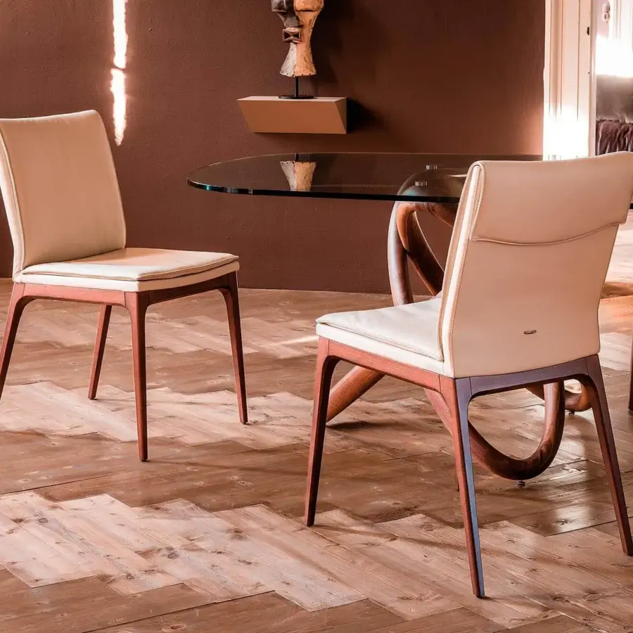 Elegant Cattelan Italia Sofia chair with Canaletto walnut stained beech frame and light beige synthetic leather upholstery