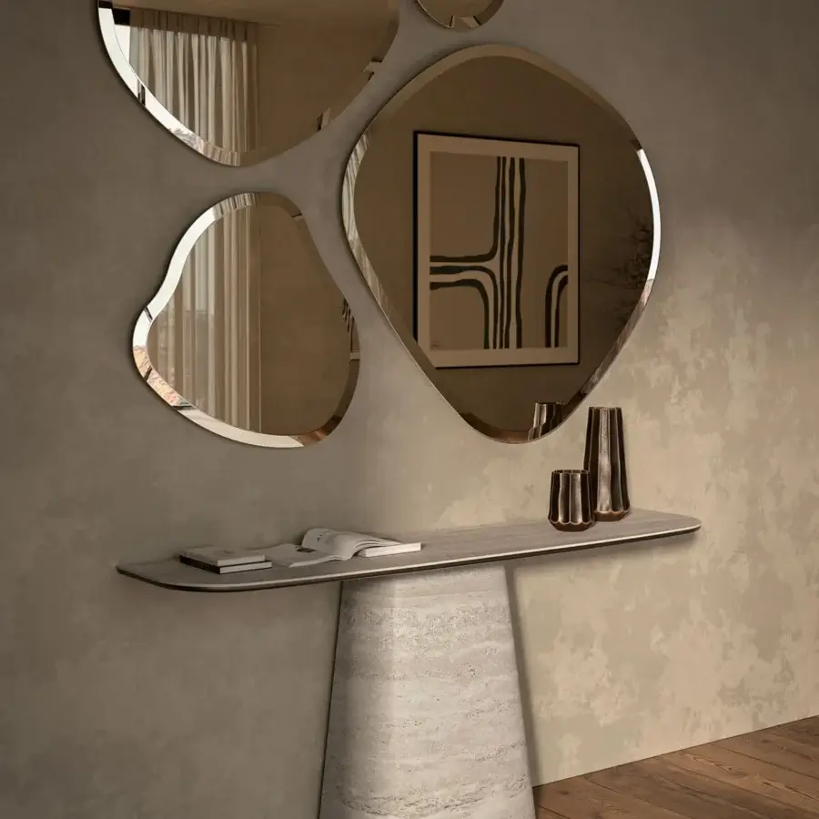 Distinguished Cattelan Italia Rado Keramik console with gracefully curved shapes in light grey ceramic and stone-like top with matte finish