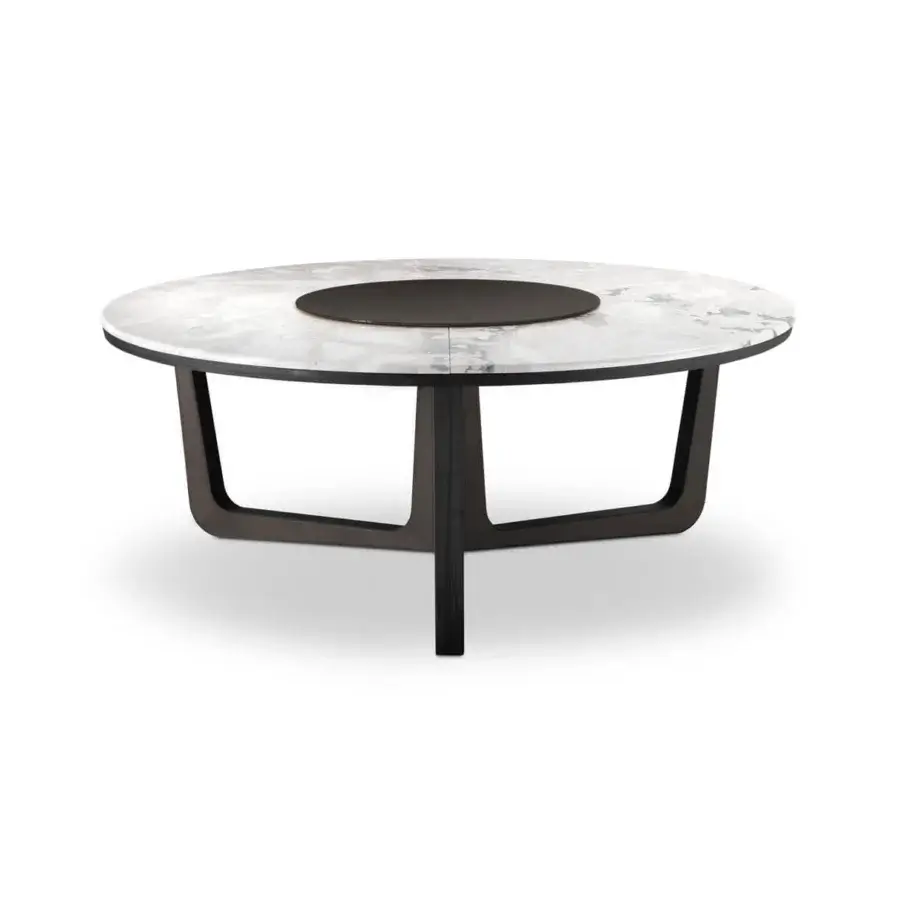 Distinguished 4 Mariani Ascot table with white glass top exhibiting grey marbling and a dark inset, built with saddle leather covered solid wood legs