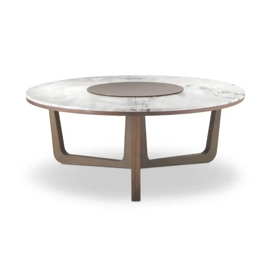 Distinctive 4 Mariani Ascot table crafted with a marble-patterned top and saddle leather covered wood legs