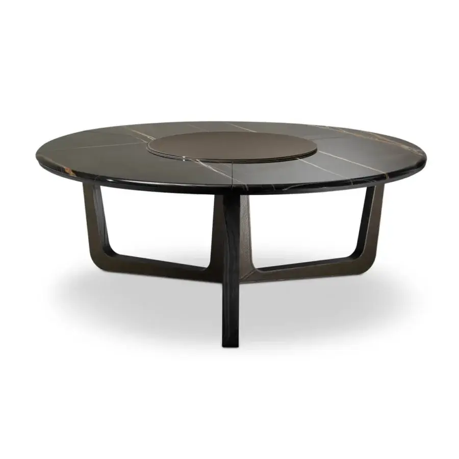 Elegant 4 Mariani Ascot table with a dark composite top exhibiting lighter veining and saddle leather legs crafted in Italy