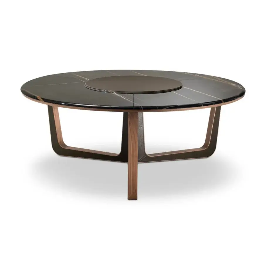 Refined 4 Mariani Ascot table with a sleek black top exhibiting lighter striations and saddle leather covered wood legs