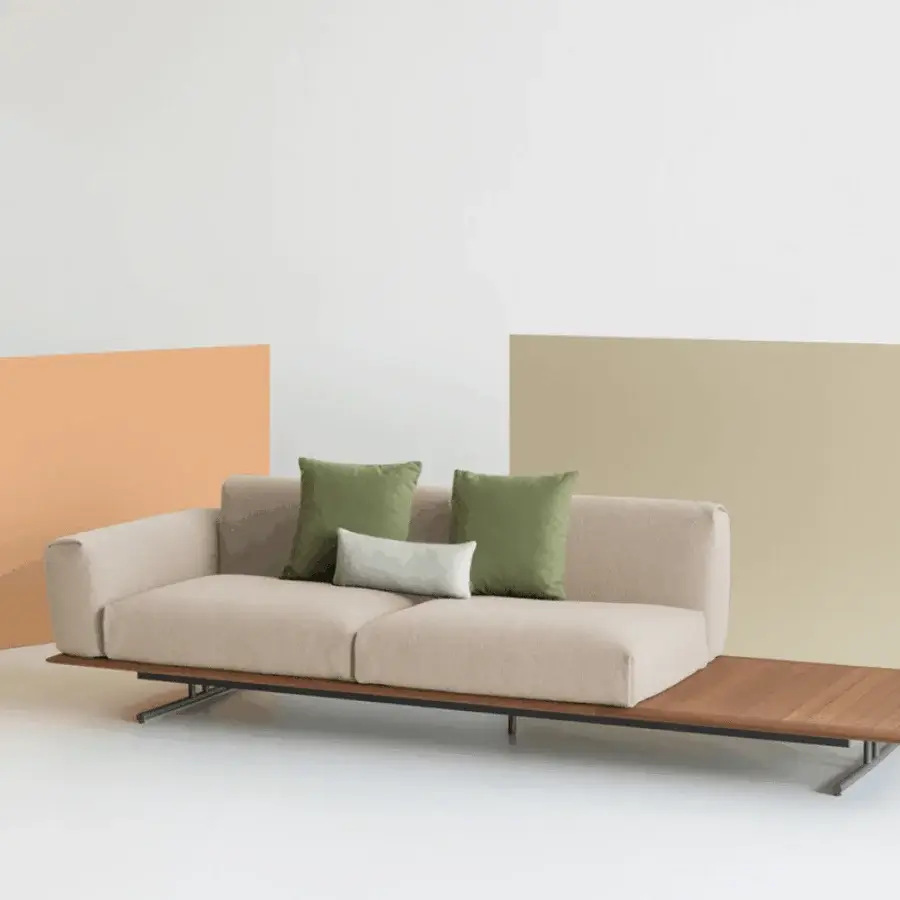 Superior Potocco Graphic Outdoor sofa with waterproof ash wood, light beige textile upholstery and dark metal frame