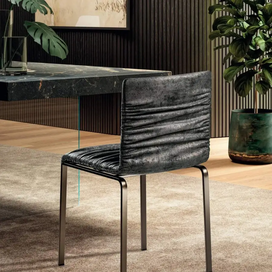 Superior Lago Dangla chair with dark metallic textile upholstery and a unique ruched texture built with a slim metal frame
