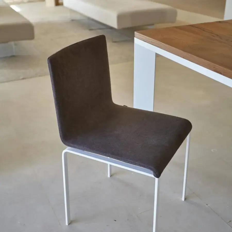 Superior Lago Dangla chair with brown textile upholstery and white metal frame built in Italy