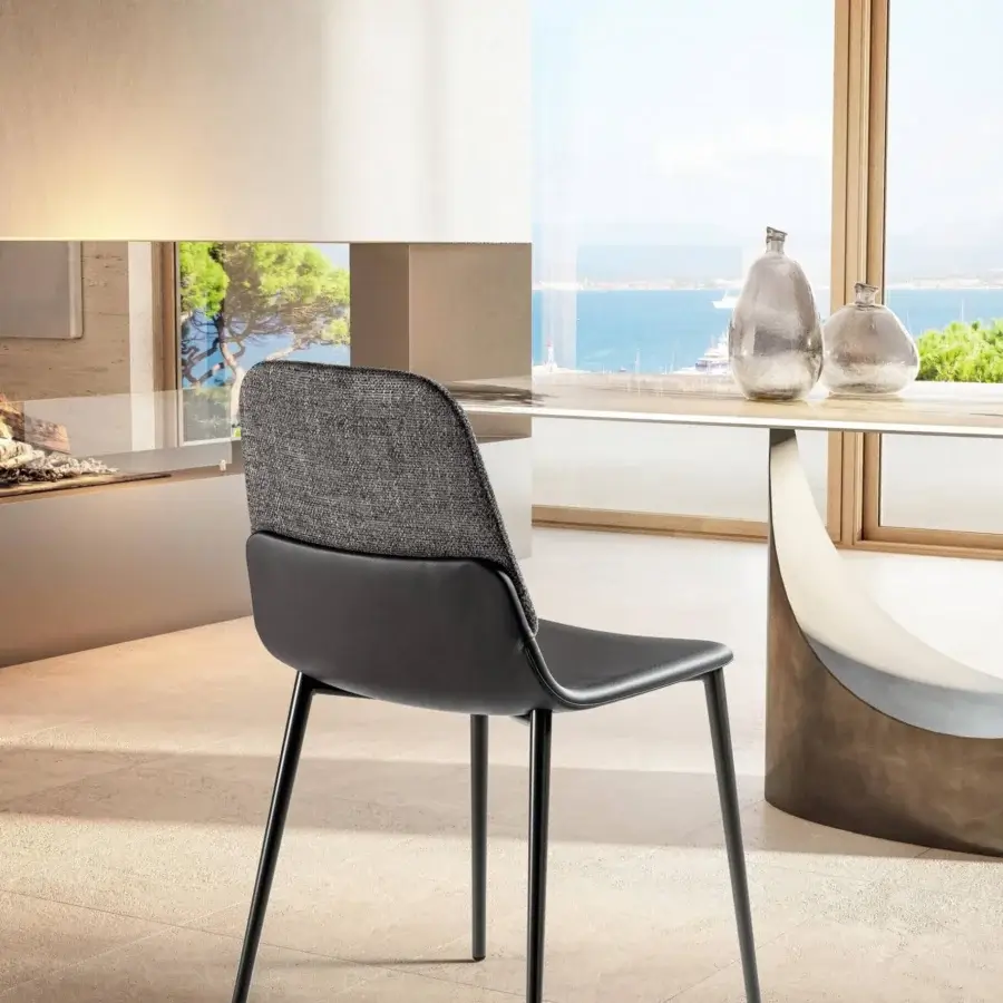 Exceptional Lago Ermes chair with woven grey textile and smooth matte dark grey upholstery, built with a shaped black metal structure