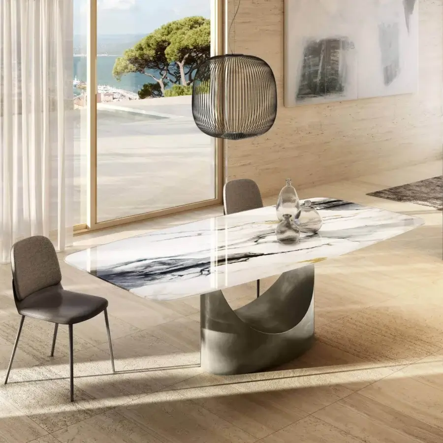 Superior Lago Ermes chair with neutral gray textured textile upholstery and matte silver shaped metal structure