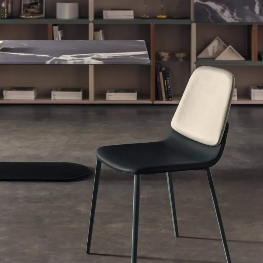 Distinguished Lago Ermes chair with shaped metal structure and ergonomic wooden seat upholstered for total comfort in a matte finish