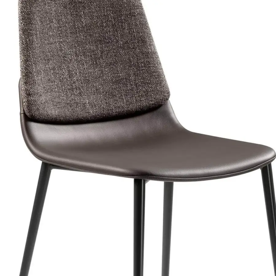 Distinguished Lago Ermes chair with dark brown smooth seat and textured dark brown textile upholstery with slim black metal legs
