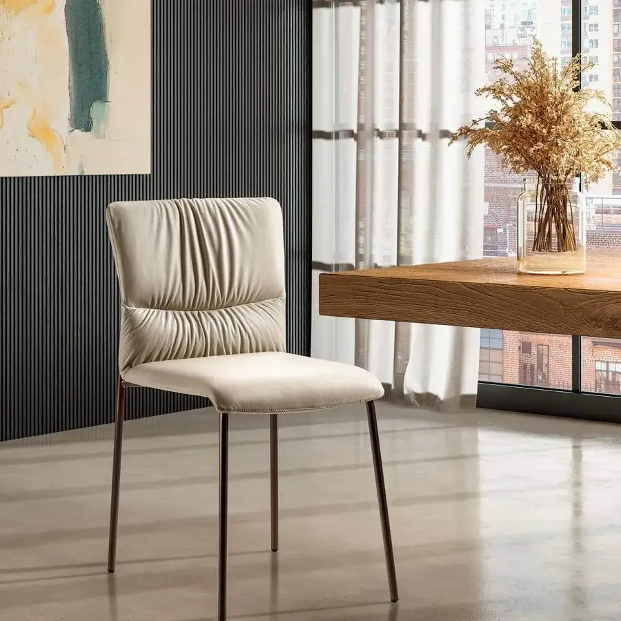 Exceptional Lago Woop chair with sinuous light beige fabric upholstery and dark brown steel frame