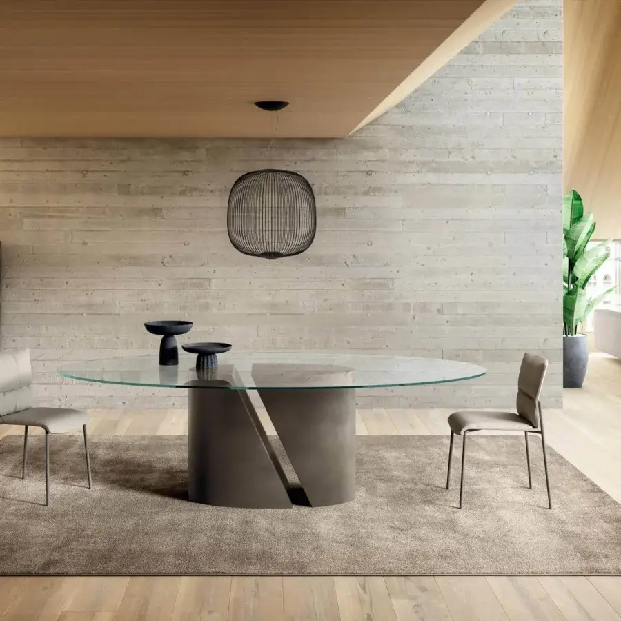 Elegant Lago Woop chair with sinuous light gray fabric upholstery and sleek steel frame construction
