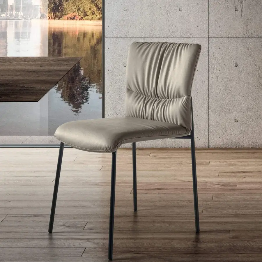 Distinguished Lago Woop chair with sinuous light gray textile and matte steel metal frame built for ergonomic comfort