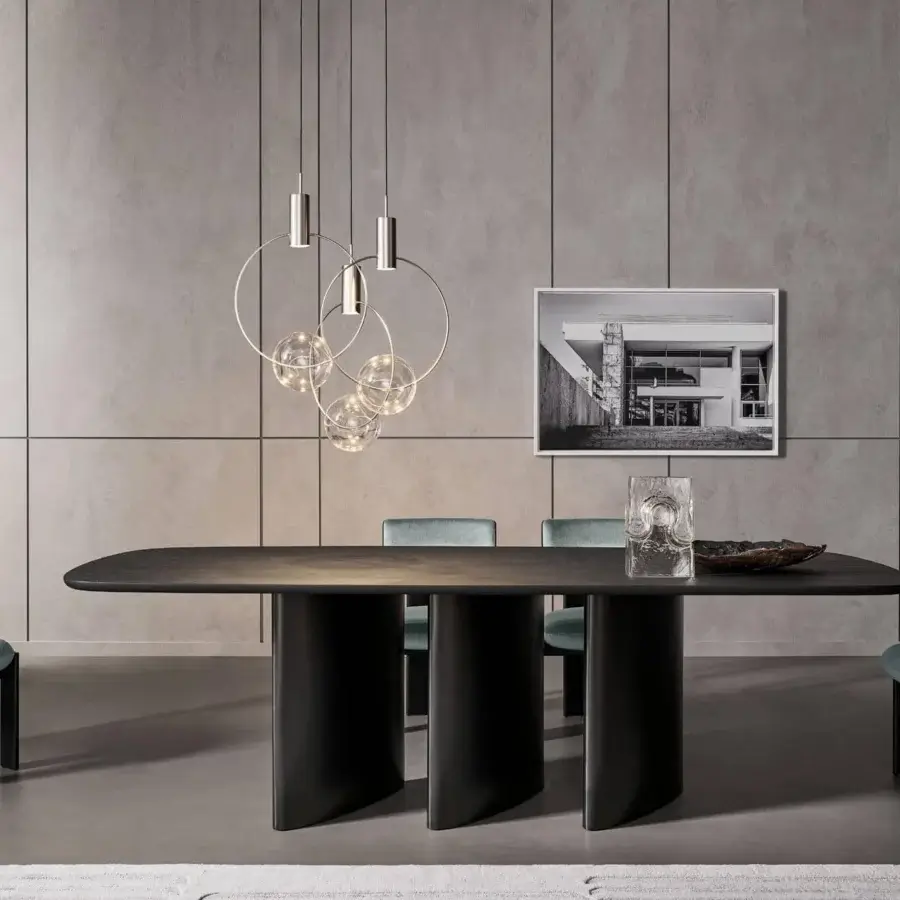 Luxury Bonaldo Louver table with a rounded rectangular wood top and veneered wood covered metal base in a rich dark finish