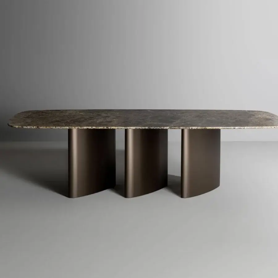 Captivating Bonaldo Louver table with a rounded rectangular ceramic top in dark browns, grays and beige with a bronze-colored matte metal base