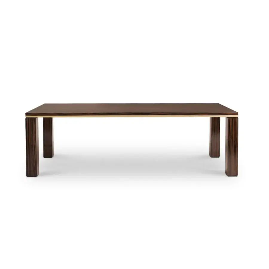 Elegant 4 Mariani Sera table with glossy ebony veneer and saddle leather detailing, built with substantial legs