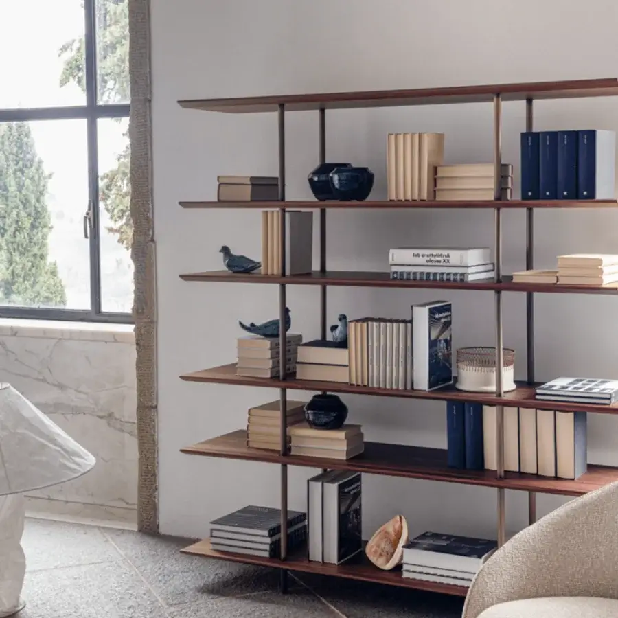 Superior Potocco Arial bookcase with medium brown wooden shelves and smooth bronzed brass metal frame