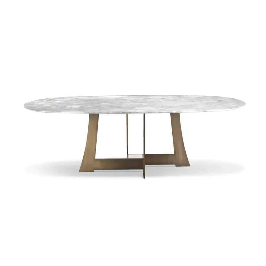Distinguished 4 Mariani Moore table with bronze metal structure and intricately veined marble top crafted in Italy