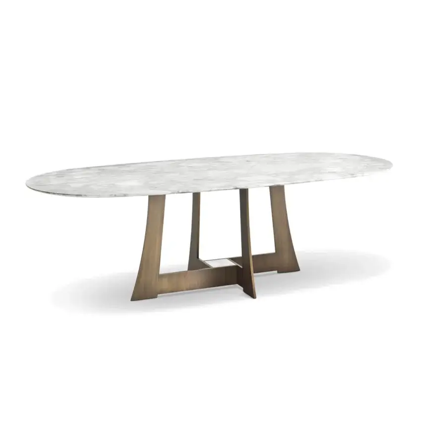 Exceptional 4 Mariani Moore table crafted in Italy with light marble-like top and bronze finished metal base