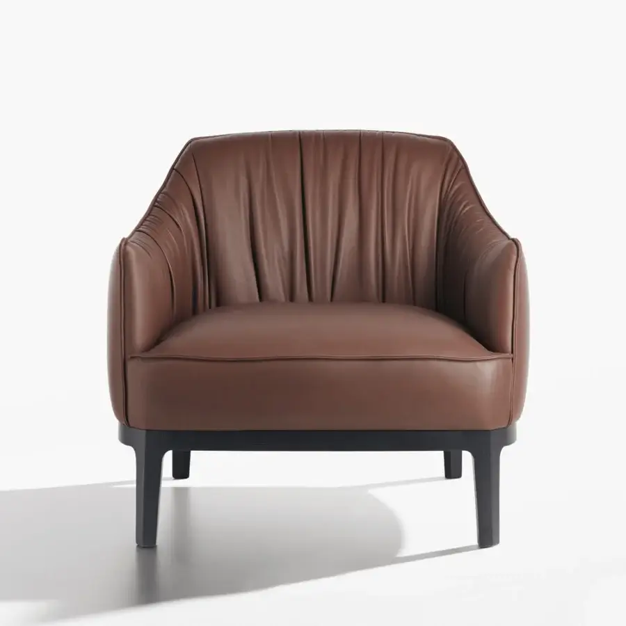 Lavish Potocco Blossom lounge chair with solid ash wood base and supple matte brown leather upholstery