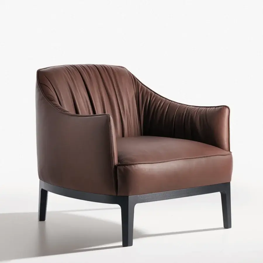 Distinguished Potocco Blossom lounge chair with solid ash wood base and deep brown leather upholstery crafted with vertical pleating