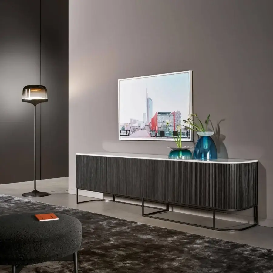 Sophisticated Bonaldo Dune sideboard with coal oak veneered wood doors and lead metal base in matte finish