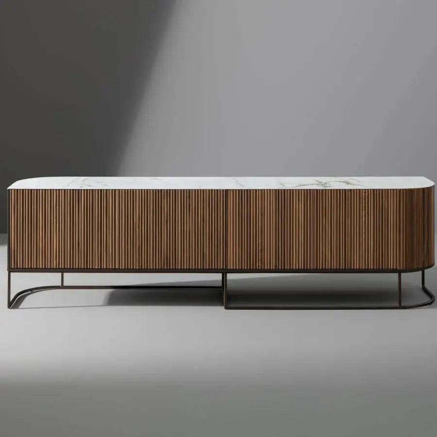 Elegant Bonaldo Dune sideboard with Canaletto walnut veneered wood doors and bronze metal base with white marble-like top