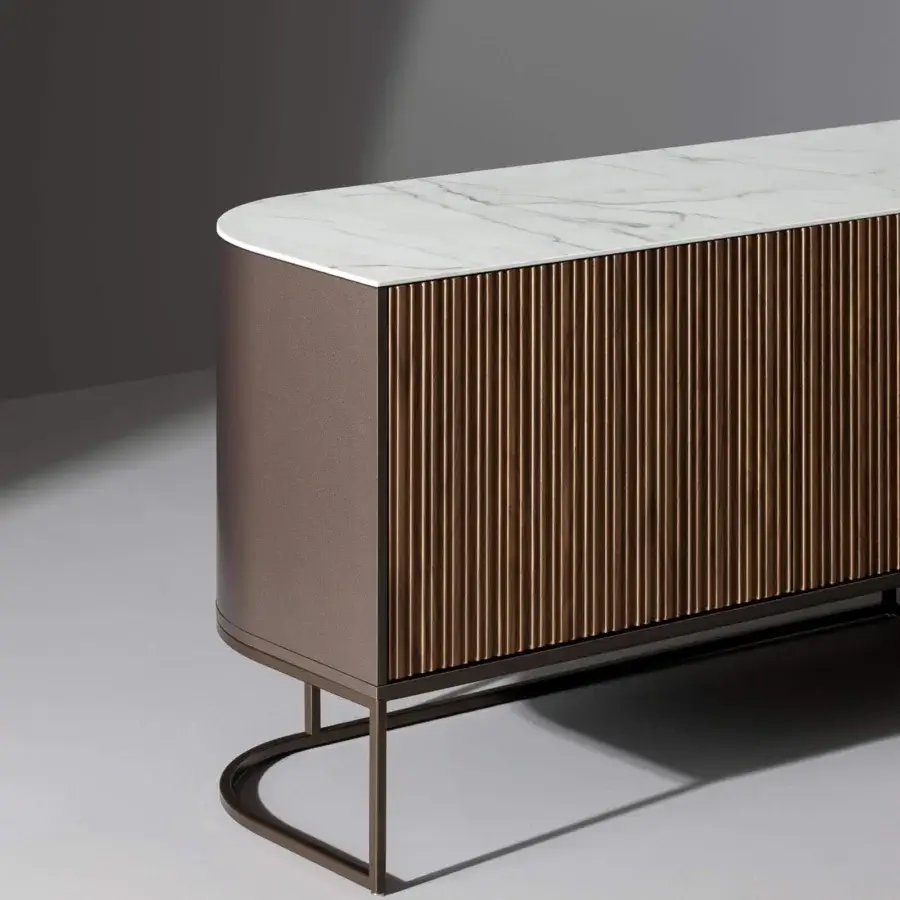 Distinguished Bonaldo Dune sideboard with bronze lacquered wood and Canaletto walnut veneered doors exhibiting ribbed texture and white marble-patterned top