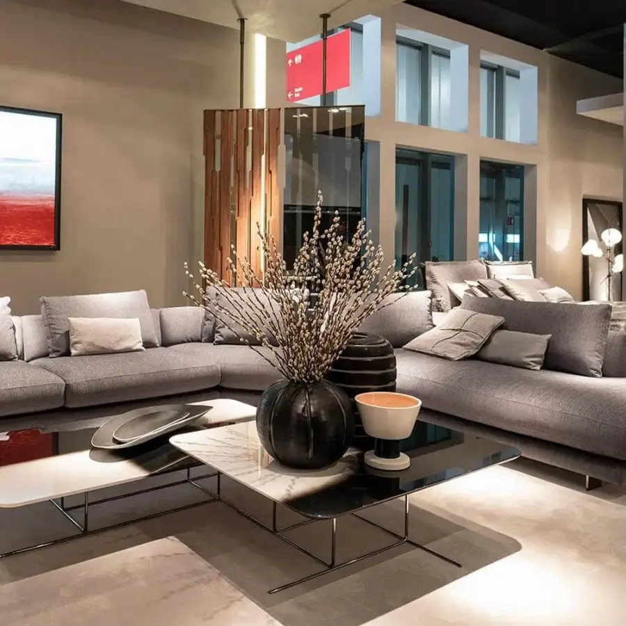 Superior Arketipo Self Control sectional with light gray textile upholstery and black nickel feet