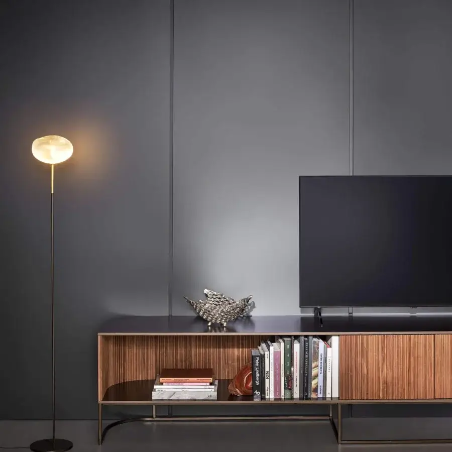 Elegant Bonaldo Dune TV stand with bronze lacquered wood, Canaletto walnut doors and bronze metal base for open and concealed storage
