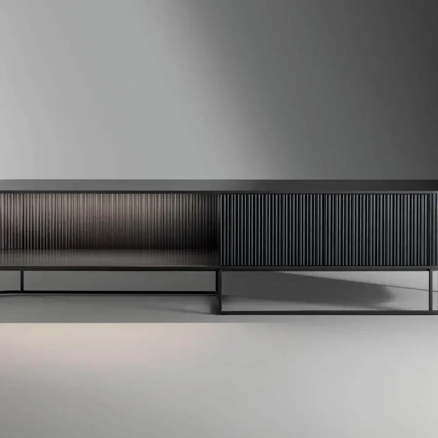 Superior Bonaldo Dune TV stand with wavy wooden front doors, lead lacquered wood structure and coal oak doors
