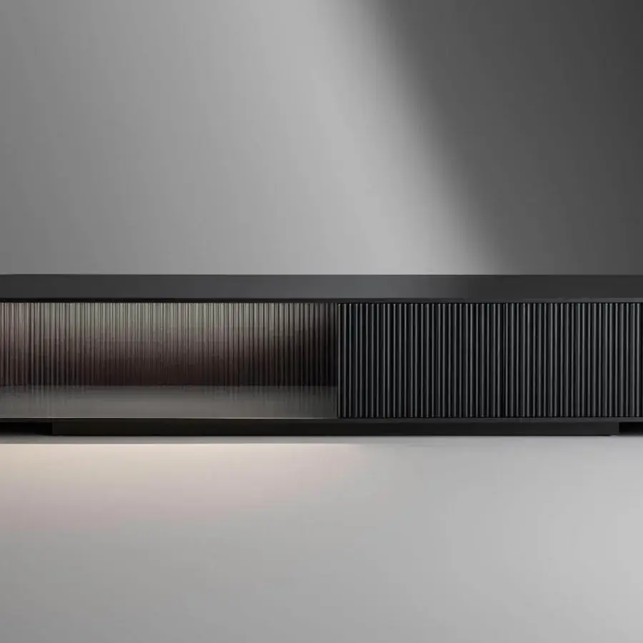 Captivating Bonaldo Dune TV stand with lead lacquered wood, coal oak doors and asymmetrical lead metal base