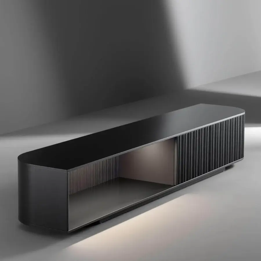 Distinguished Bonaldo Dune TV stand with lead lacquered wood, coal oak doors and asymmetrical metal base in lead finish