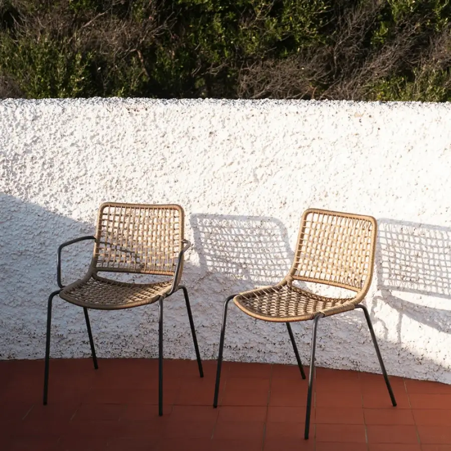 Elegant Potocco Egao chair crafted with light brown synthetic rope and dark metal finish exhibiting a squared texture