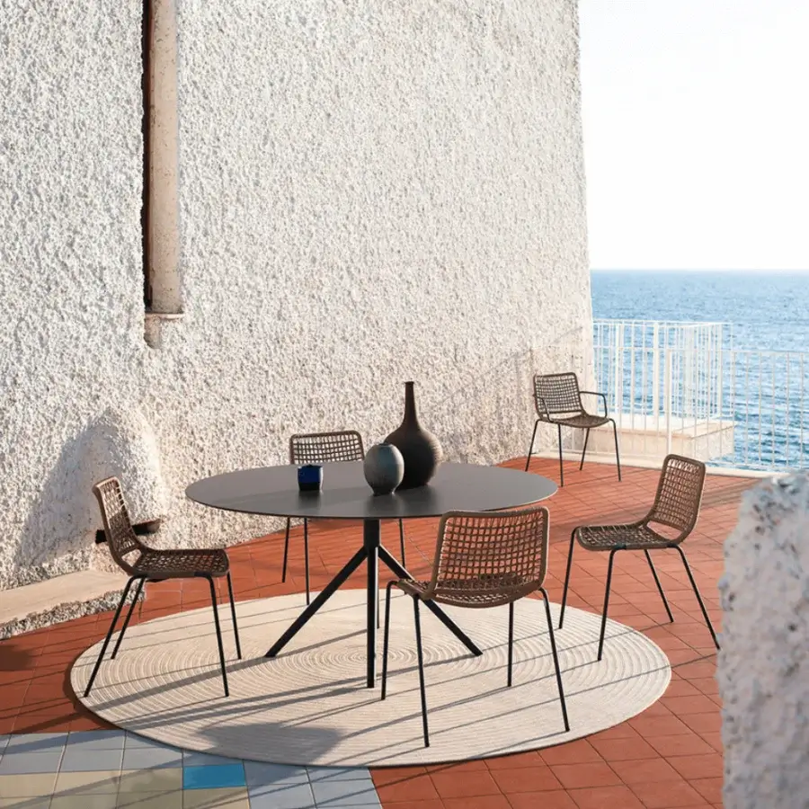 Superior Potocco Egao chair with dark painted metal and hand-woven rich brown nautical or synthetic rope construction