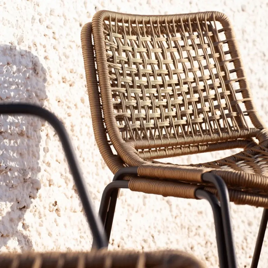 Exclusive Potocco Egao chair with slender dark gray painted metal and light brown woven nautical rope construction