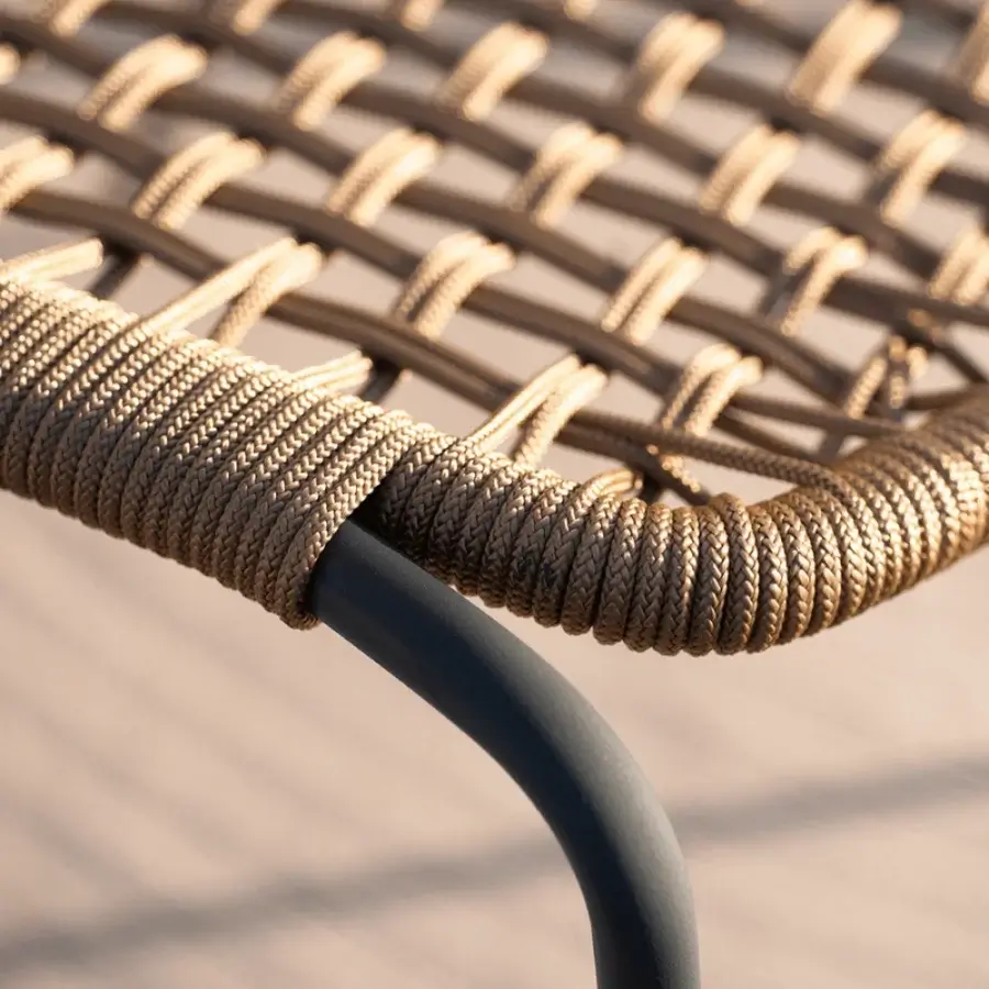Distinguished Potocco Egao chair with hand-woven tan nautical rope seat and matte dark gray painted metal structure