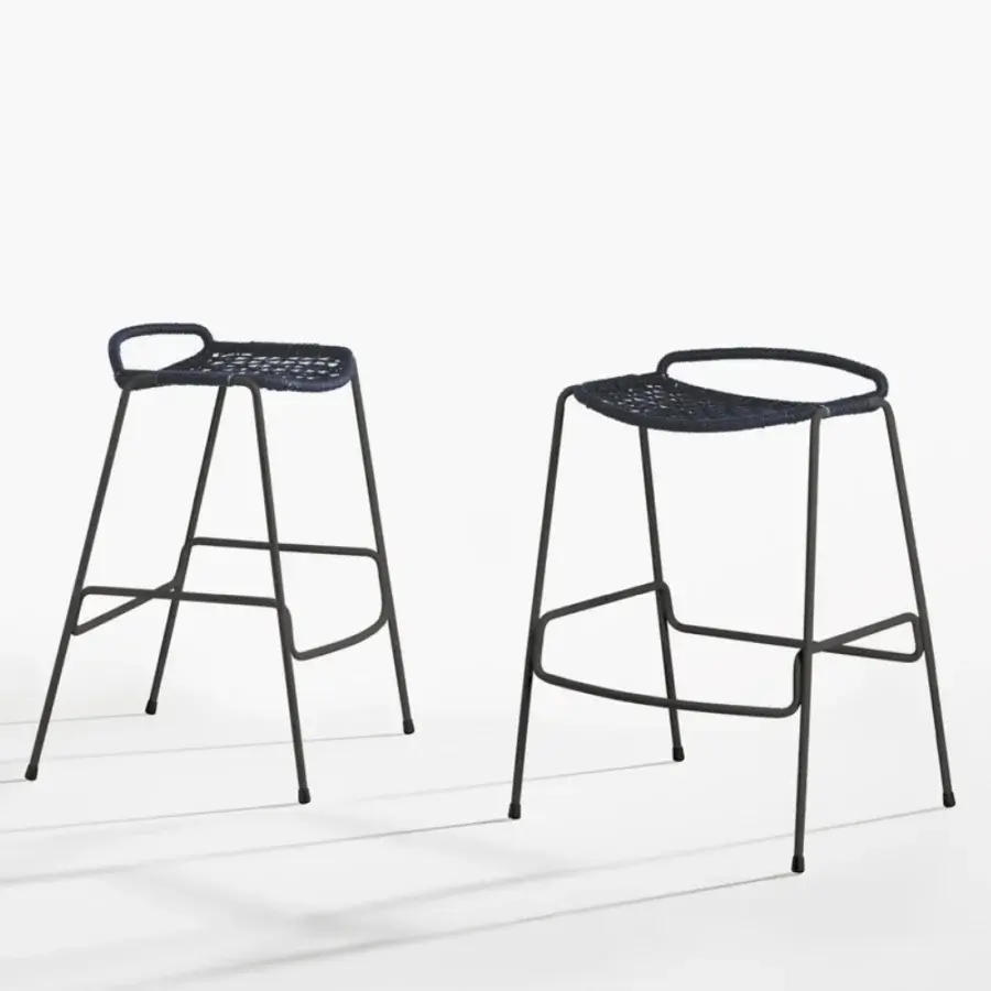 Exceptional Potocco Egao stool with dark painted metal and meticulously hand-woven squared nautical rope seat