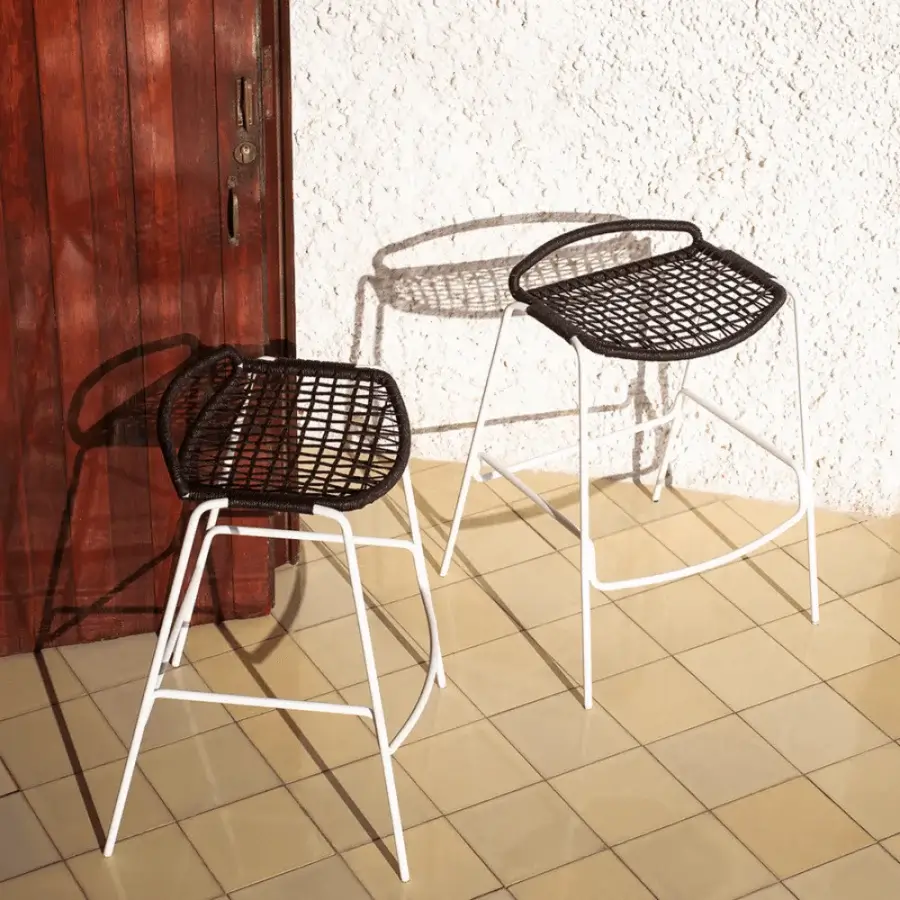 Sophisticated Potocco Egao stool with slender white painted metal and hand-woven dark synthetic rope seat