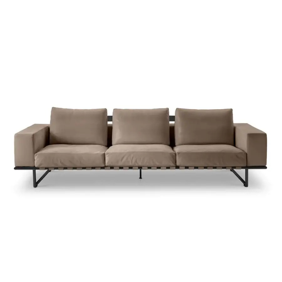 Elegant 4 Mariani Kristall sofa with a dark steel frame, wrapped leather straps, and matte taupe textile cushions with a chromed plate